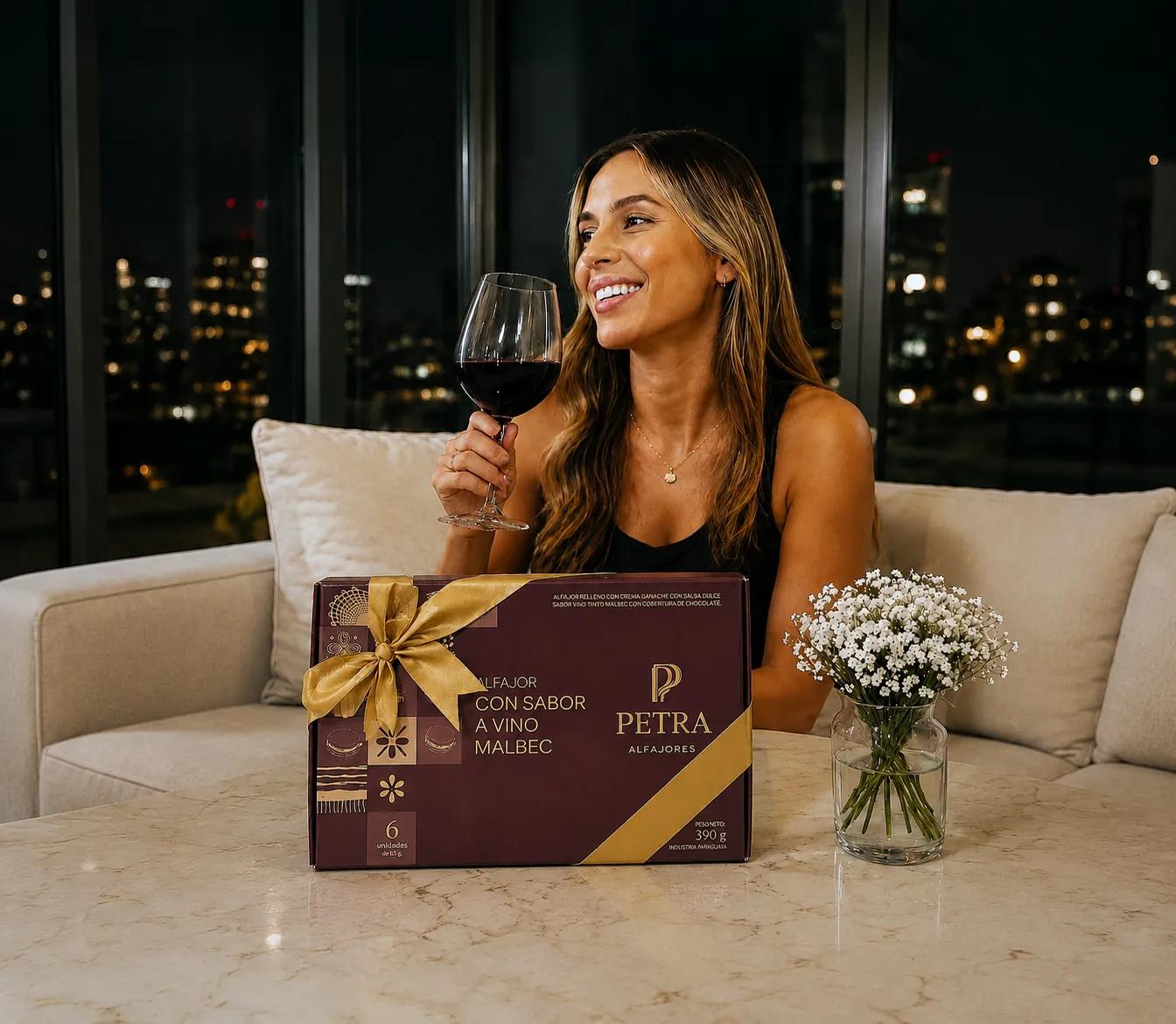 Mujer disfrutando una copa de Malbec junto a una caja de alfajores PETRA Edición Malbec, lista para regalar