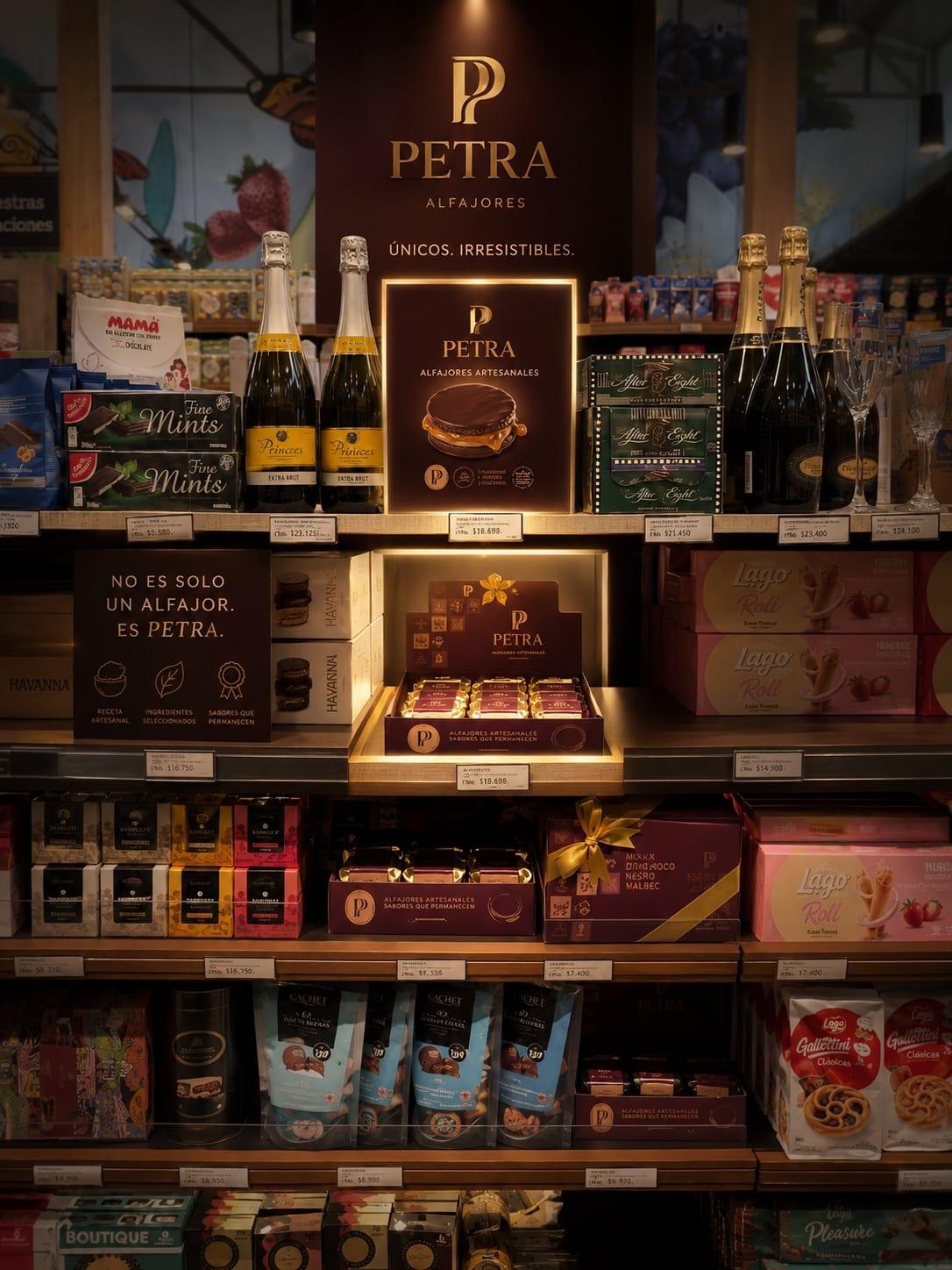 Alfajores PETRA exhibidos en góndola premium, junto a marcas selectas