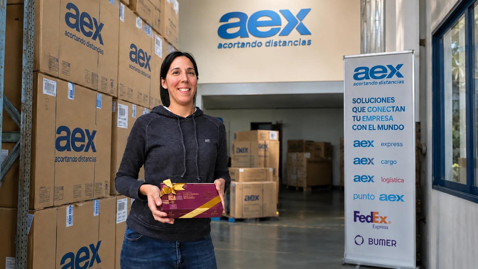 María Teresa Biagiola, fundadora de PETRA Alfajores, con una caja PETRA en el centro logístico de AEX