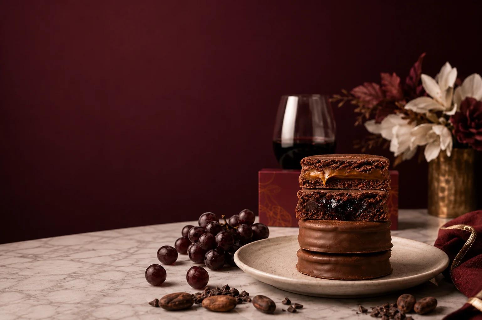 Alfajores PETRA junto a una copa de vino tinto, uvas y flores sobre mármol