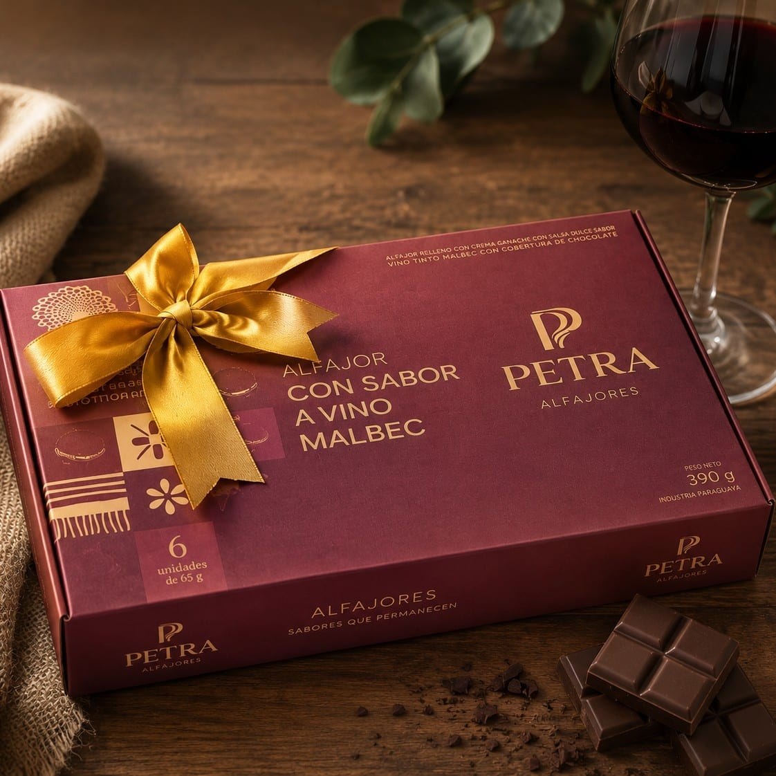 Caja de alfajores PETRA edición Malbec con moño dorado y copa de vino
