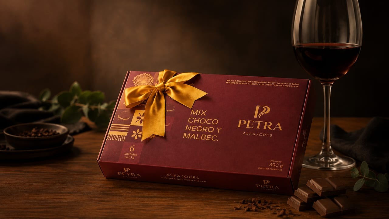 Caja regalo de alfajores PETRA Mix Choco Negro y Malbec con moño dorado