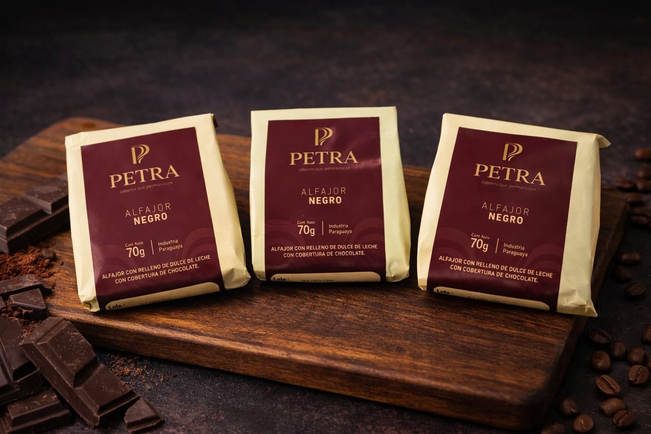 Alfajores PETRA Negro en su empaque individual sobre tabla de madera